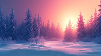 Snowy winter forest sunrise, magical light, peaceful scene