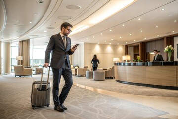 Businessman in hotel lobby with phone and luggage