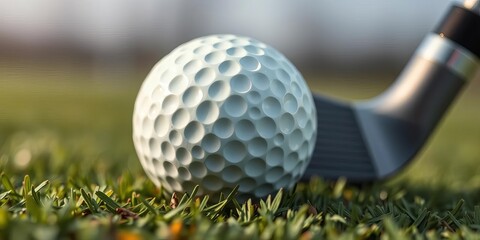 Close-up of golf club head resting on a golf ball,  ball,  background