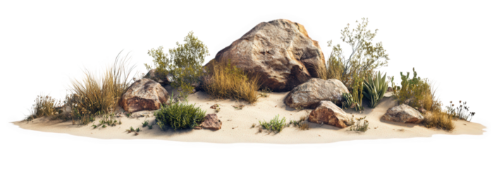 Rock formation with plants and sand isolated on transparent background