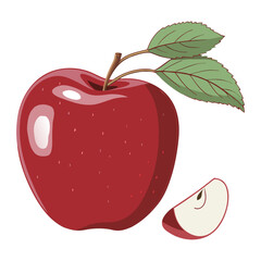 Shiny Red Apple with Leaf and Slice Vector Illustration
