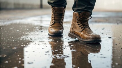 Closeup of muddy boots stepping on wet concrete floor with water puddles realistic texture and reflections indoor environment