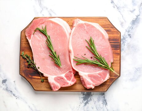 Two raw pork chops on a wooden board with herbs