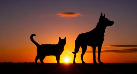 Cat and dog friends silhouetted against a beautiful orange sunset sky.