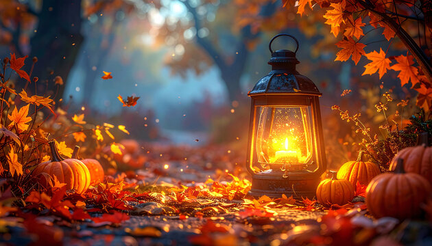 Glowing Lantern with Burning Candle Surrounded by Autumn Leaves and Pumpkins on Forest Ground, Cozy Fall Atmosphere, Warm Seasonal Decoration for Halloween and Thanksgiving Festive Celebration