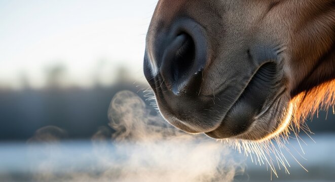 Close-up of a horse's muzzle on a frosty morning with visible breath , capturing the detail and texture of the animal's face in winter conditions.