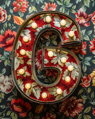 Bold glitter typography "G" surrounded by colorful blooming flowers with radiant glow, highly detailed fantasy composition in vivid tones