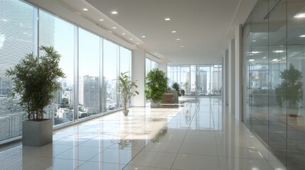 Modern Office Interior with City View and Natural Light, Featuring Potted Plants