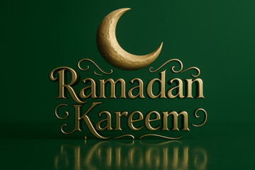 Ramadan kareem moon and 3d decorative letter | 3d golden letter Ramadan Kareem poster against a green background with moon