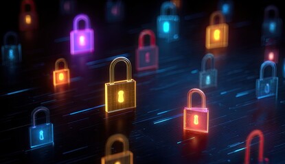 Many glowing padlocks on dark digital surface