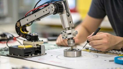 Robotic arm assembling small metallic component on workbench blurred engineer’s hand in industrial setting closeup view for technology and automation insights