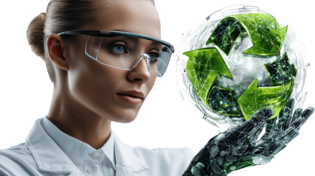 Eco-conscious Visionary: A determined female scientist with a glimpse of the future, gazing at a glowing symbol of environmental preservation in this captivating photo. 