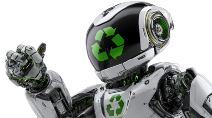 Eco-Friendly Robot: A futuristic robot showcases a green recycling symbol on its head and chest, symbolizing innovation and environmental consciousness.