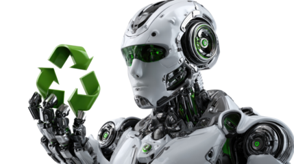 Eco-Friendly Android: A futuristic android cradles the universal recycling symbol, highlighting environmental stewardship and technological advancement. A striking image