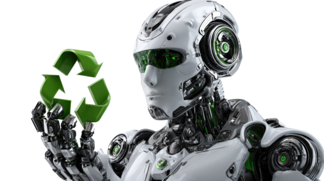 Eco-Friendly Android: A futuristic android cradles the universal recycling symbol, highlighting environmental stewardship and technological advancement. A striking image