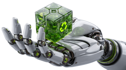 AI's Green Cube: A futuristic robotic arm gracefully presents a luminous green cube, hinting at technology's power and its embrace of eco-friendly concepts, innovation.