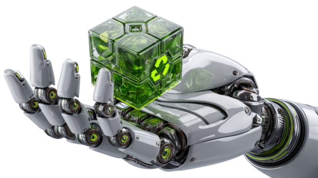 AI's Green Cube: A futuristic robotic arm gracefully presents a luminous green cube, hinting at technology's power and its embrace of eco-friendly concepts, innovation.