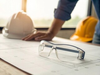 Engineer reaching for safety glasses on blueprint construction site closeup photography soft daylight environment shallow depth of field concept
