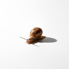 A close-up of a brown snail with its shell crawling on a white surface, casting a distinct shadow that emphasizes its slow, deliberate movement and intricate details of its shell and body .