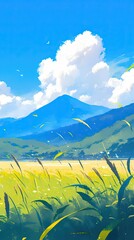 Serene Landscape with Mountain, Blue Sky, and Grass Field