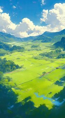 Vibrant Green Fields Nestled Between Rolling Hills Under a Bright Blue Sky
