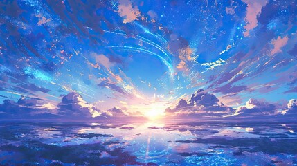 Vibrant Sunset Over the Ocean with Ethereal Light Trails