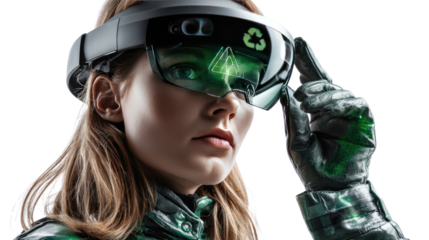 Future Vision: A woman wearing augmented reality glasses, envisioning a sustainable future, with recycling symbol projected onto the lenses.