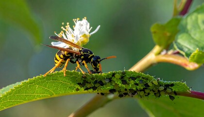 Fototapeta premium A close-up view of a wasp positioned on a leaf, surrounded by aphids.