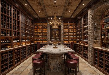 Luxurious residential wine cellar featuring a grand tasting table under an elegant chandelier