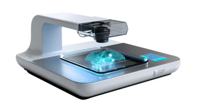 Brain Scanner: A state-of-the-art brain scanner, showcasing advanced medical technology for neurological research, featuring an illuminated brain model. 