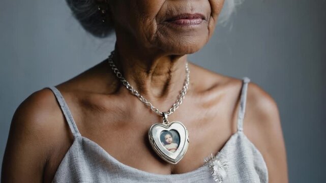Grandmother wearing a necklace with a photo of a little girl.