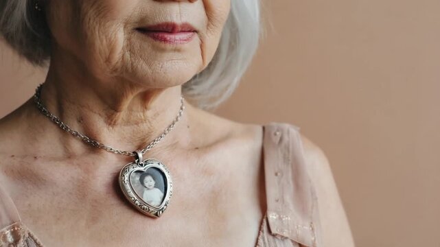 Grandmother wearing a necklace with a photo of a little girl.