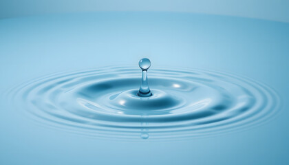 A single clear water droplet suspended above rippling blue water surface