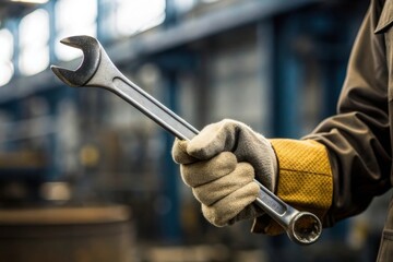 Action of engineer gripping metallic wrench in protective glove industrial workshop closeup photography blurred background hand detail engineering concept