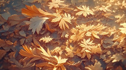 Golden autumn leaves scattered on the ground, bathed in warm sunlight.