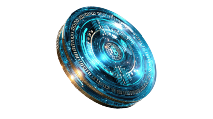 Futuristic Technology Disk: An innovative digital disk, pulsating with vibrant blue light, represents cutting-edge technology, data storage, and future innovation.