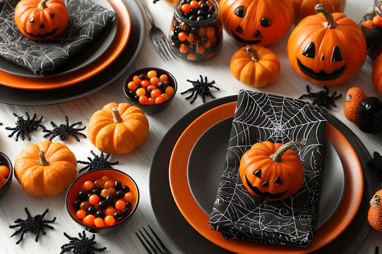 Halloween festive dinner table decorated with smiling jack-o’-lanterns, candy bowls, orange and black plates, playful spiderweb. 