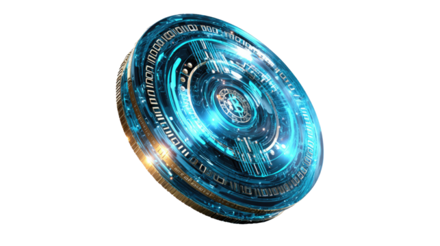 Futuristic Technology Disk: An innovative digital disk, pulsating with vibrant blue light, represents cutting-edge technology, data storage, and future innovation.