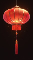 Illuminated Red Chinese Lantern with Tassels Against a Dark Background