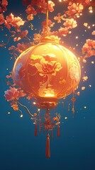 Golden Lantern with Floral Motifs Suspended Against a Blue Background