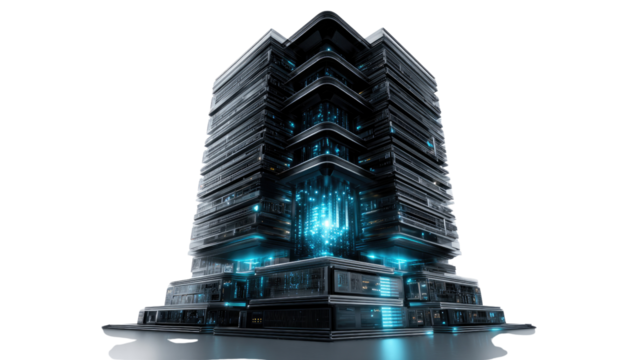 Futuristic Server Structure: A sleek, modern server structure, illuminated by striking blue lights. The metallic finish and abstract design hint at cutting-edge technology and secure data storage.