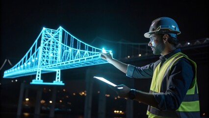 Engineer operating holographic glowing digital bridge above hand futuristic setting neon blue and black background technology concept