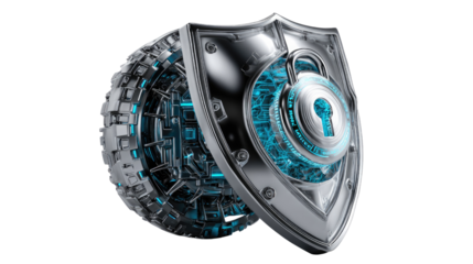 Cybersecurity Shield: A futuristic, high-tech shield protects a data wheel, signifying security and protection in the digital age, all rendered in captivating detail.