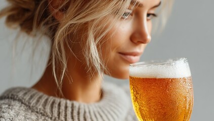 Close up of a woman with light hair holding a glass of amber beer, smiling slightly
