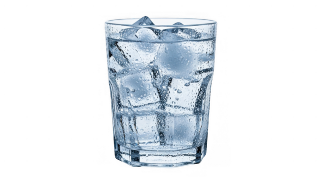 Glass of refreshing water with ice cubes for hydration and thirst quenching.