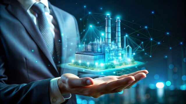 Engineer presenting glowing holographic factory model above hand in neon blue and green light futuristic environment tech visualization