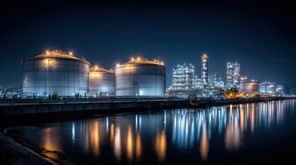Fototapeta premium Industrial Plant at Night: Reflective Water, Storage Tanks, and Illuminated Infrastructure in an Urban Landscape