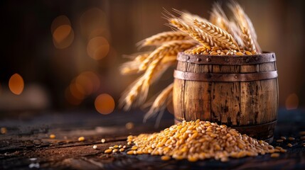 A rustic wooden barrel filled with golden wheat grains and stalks, set against a blurred, warm-toned background.