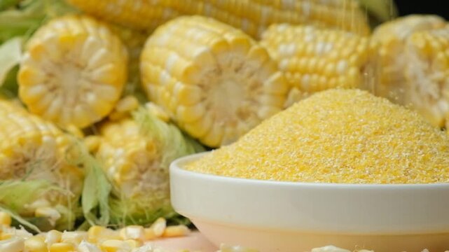 Corn grits pouring into a plate slow motion.