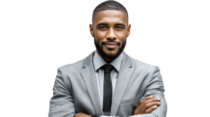 Confident Business Portrait: A distinguished businessman, radiates confidence, gazing directly at the viewer with a determined expression. Clad in a stylish suit and tie.